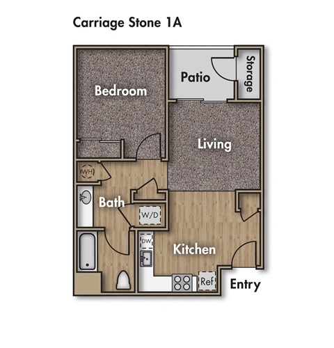 Floor plan for 1 bed, 1 bath, 595 sqft